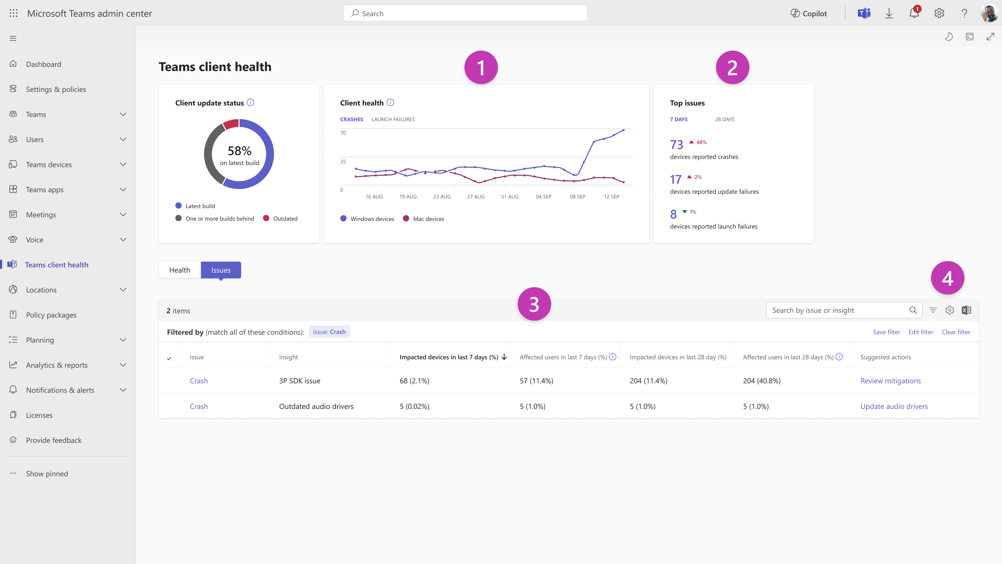 Screenshot della pagina Integrità client con quattro caselle di callout contrassegnate. La casella 1 si trova nella parte superiore della pagina accanto a Integrità clienti. Il riquadro 2 si trova in alto a destra accanto a Problemi principali. Il riquadro 3 si trova in basso al centro sopra l'elenco dei problemi. La casella 4 si trova in basso a destra accanto alle opzioni di ricerca, impostazioni ed esportazione.