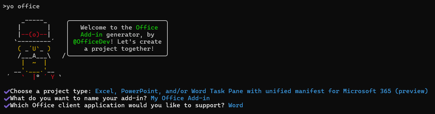 The prompts and answers for the Yeoman generator in a command line interface when the unified manifest is selected.