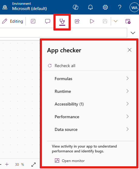Screenshot di Power Apps Studio evidenzia l'icona Controllo app e il pannello Controllo app che elenca i problemi relativi alla formula e le raccomandazioni di accessibilità.