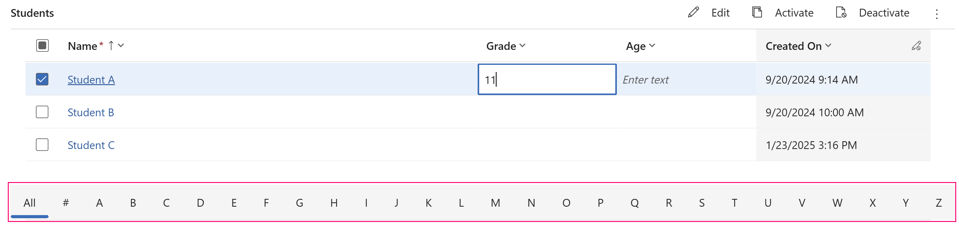 Indice abilitato e visualizzato nella vista per un'app