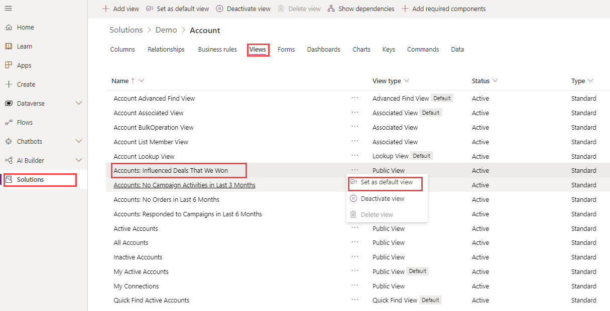 Imposta come visualizzazione predefinita.