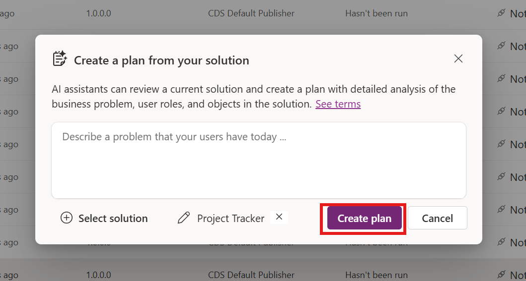 Screenshot dell'interfaccia per la selezione di una soluzione e la creazione di un piano.