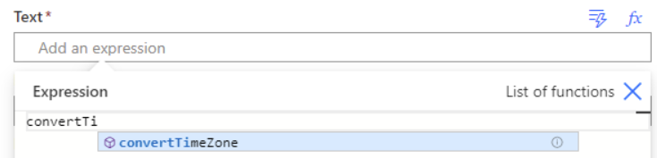 Screenshot mostra che Power Automate ha una funzione di espressione per convertire il fuso orario.
