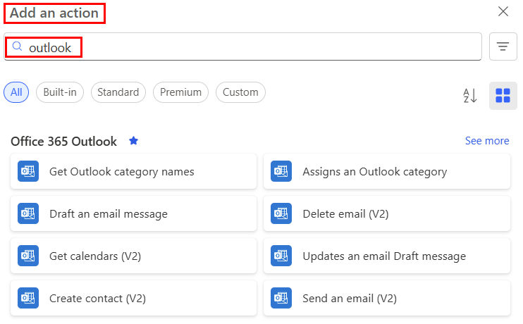 Screenshot di un elenco parziale delle azioni Office 365 Outlook.