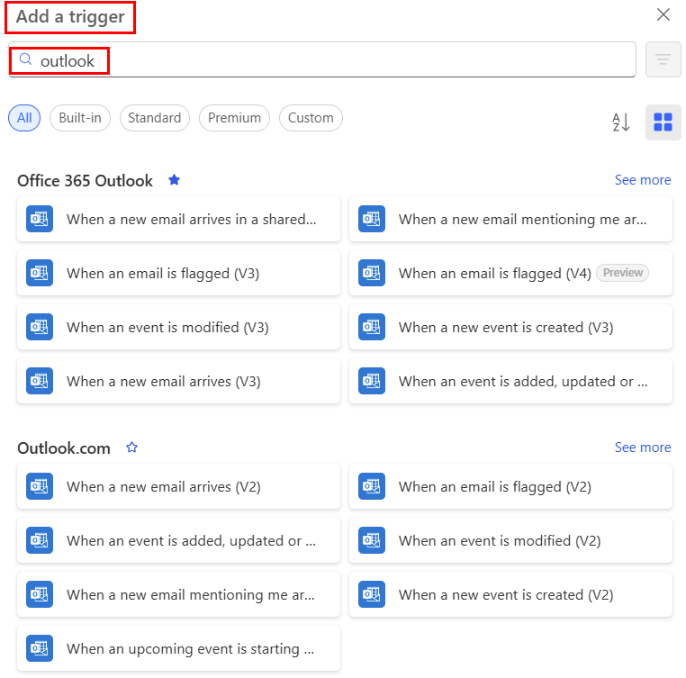Screenshot di un elenco di trigger di Office 365 Outlook.