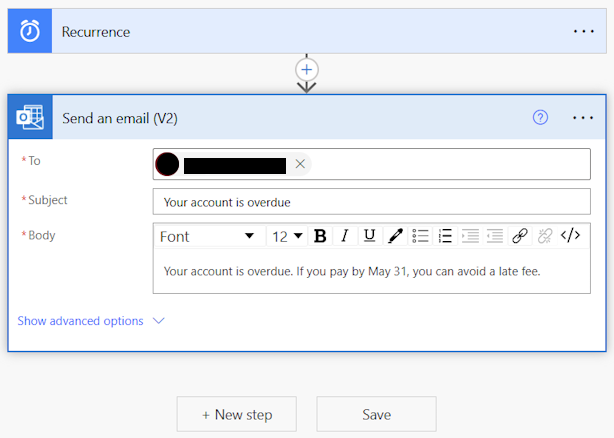 Screenshot di una scheda azione espansa in un flusso cloud nel designer classico.