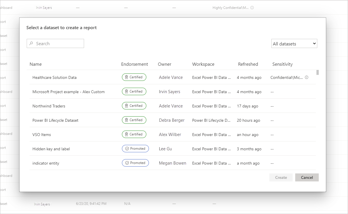 Screenshot of endorsed semantic models in a semantic model selection dialog.