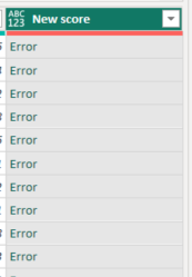 Screenshot dell'editor di Power Query e della colonna Nuovo punteggio contenente i valori di errore.
