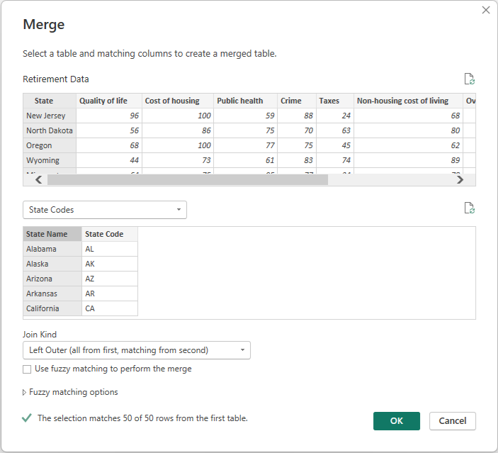 Screenshot della finestra di dialogo Unione dell'editor di Power Query.