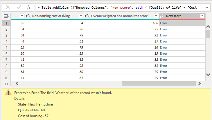 Screenshot dell'editor di Power Query che mostra la colonna Nuovo punteggio con i dettagli dell'errore.