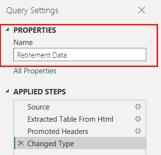 Screenshot dell'editor di Power Query che mostra come modificare un nome di tabella in Impostazioni query.