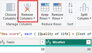 Screenshot del menu Home dell'editor di Power Query con il pulsante Rimuovi colonne evidenziato.