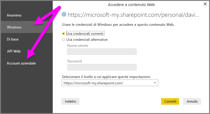 Screenshot of the Power BI Desktop credential prompt, showing Windows or Organizational account selection.