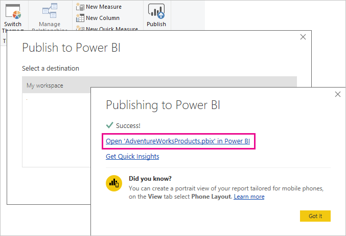 Screenshot of the Publish to Power BI screen.