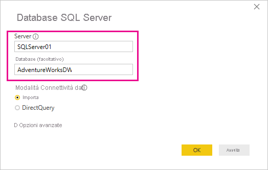 Screenshot of the SQL Server database dialog box.