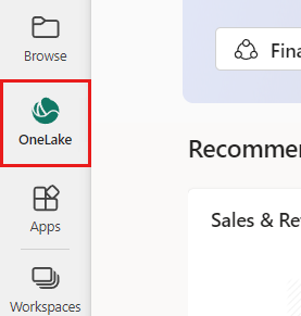 Screenshot that shows the OneLake data hub in the navigation pane.