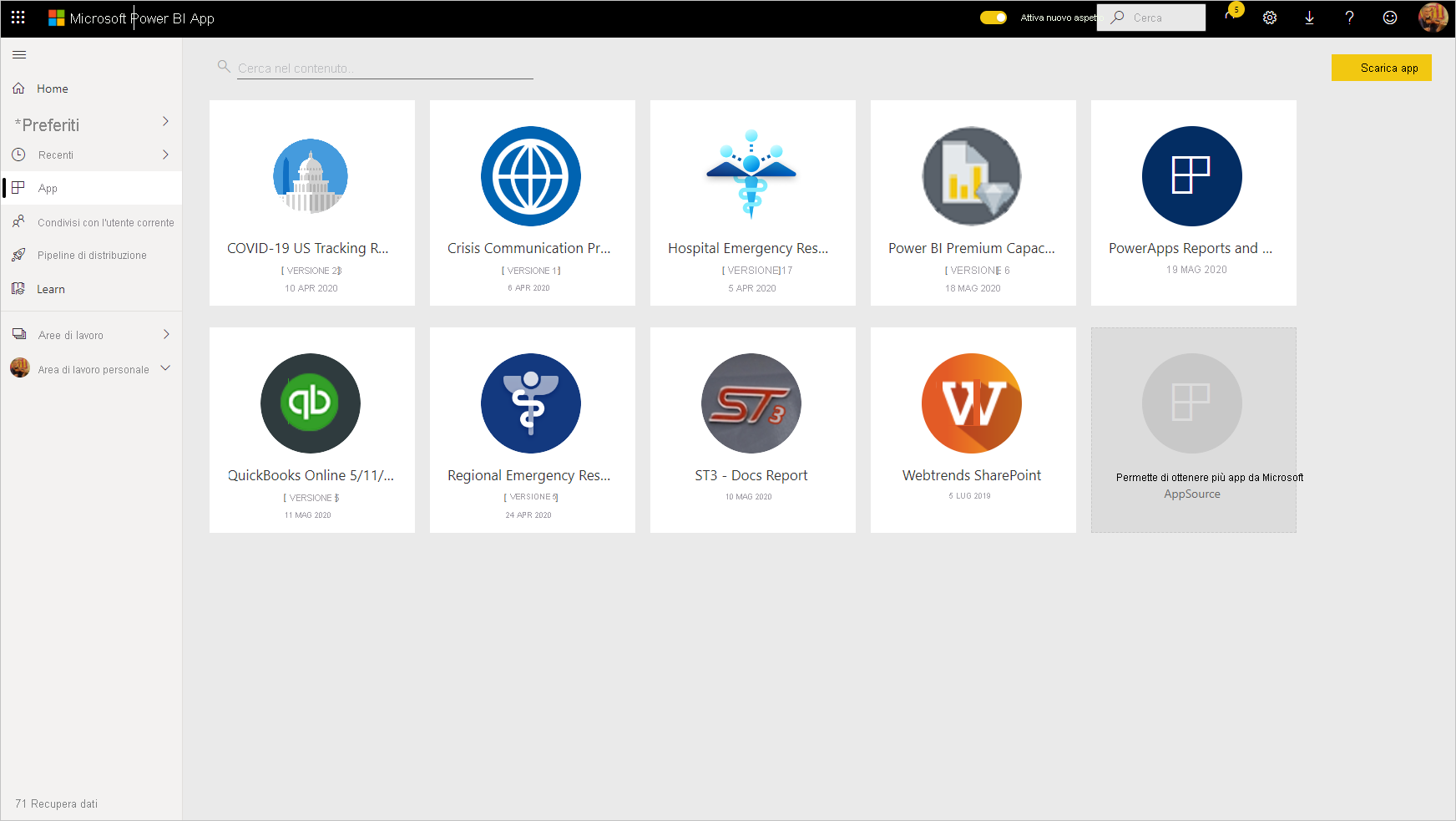 Screenshot della pagina delle app di Power BI con il comando Scarica app evidenziato.