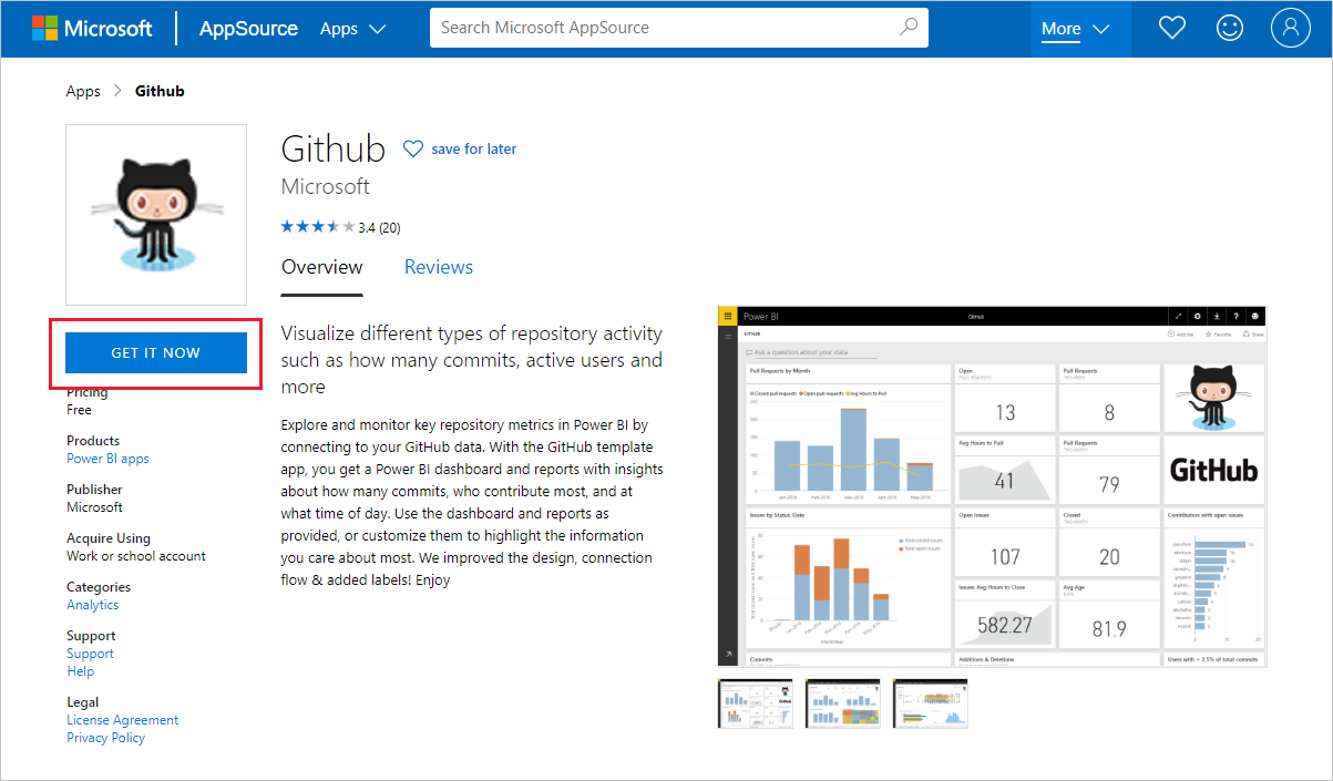 Screenshot della pagina AppSource che mostra l'app modello GitHub, con il comando per ottenerla evidenziato.