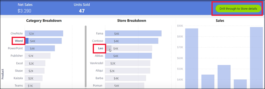 Screenshot di un pulsante drill-through attivo.