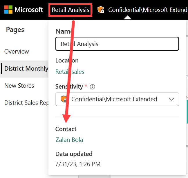 Screenshot che mostra il menu del titolo che include le informazioni di contatto.