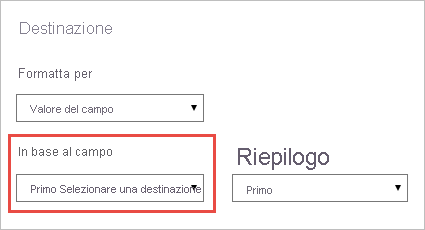 Screenshot della finestra di dialogo Destinazione - Azione. L'elenco per la selezione di un campo su cui basare la formattazione condizionale è evidenziato.