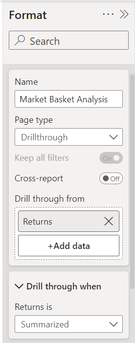 Screenshot dell'aggiunta di una misura al drill-through.