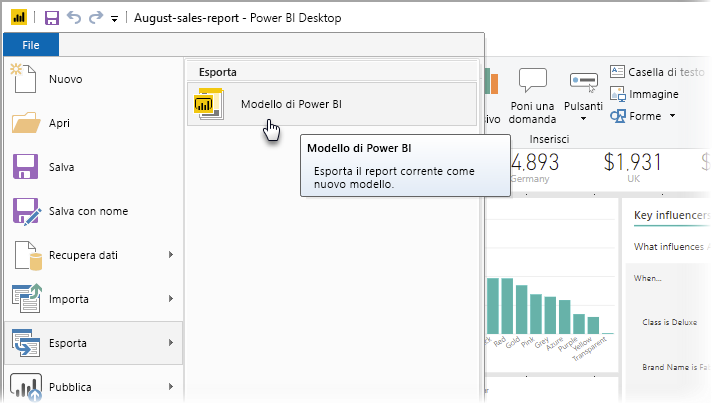 Screenshot of Power BI Desktop, showing Export options.