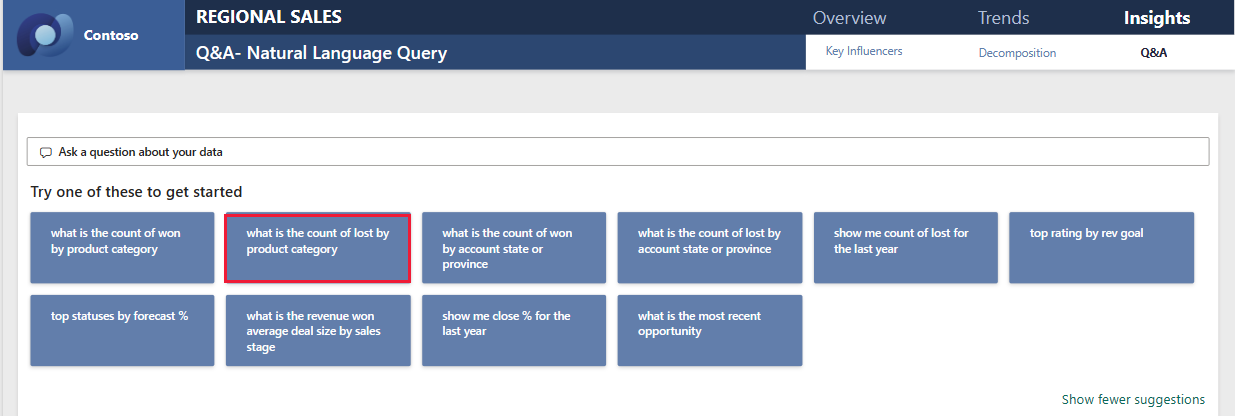 Screenshot che mostra la pagina query in linguaggio naturale con diverse richieste suggerite.
