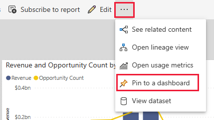 Screenshot che mostra una pagina del report di Power BI con l'opzione Aggiungi a un dashboard evidenziata.