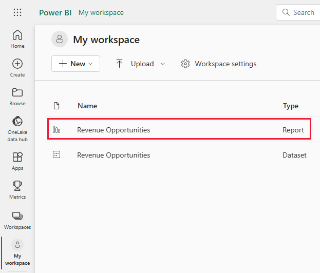 Screenshot che mostra il report di esempio Revenue Opportunities e i collegamenti del modello semantico.