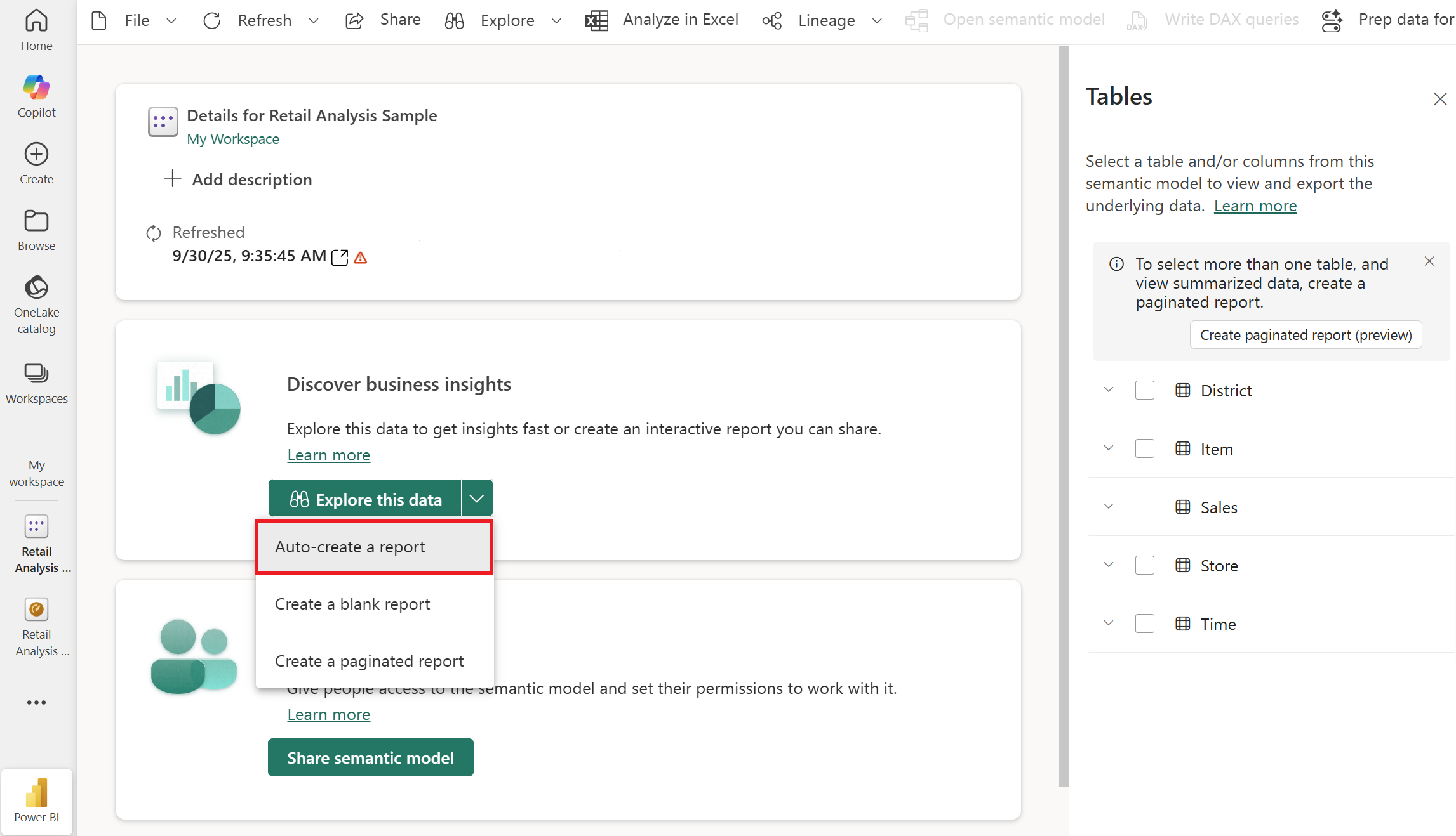 Screenshot showing the Auto-create report menu item.