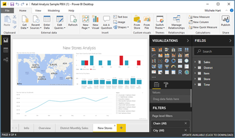 Screenshot showing the Retail Analysis sample in Power BI report view.