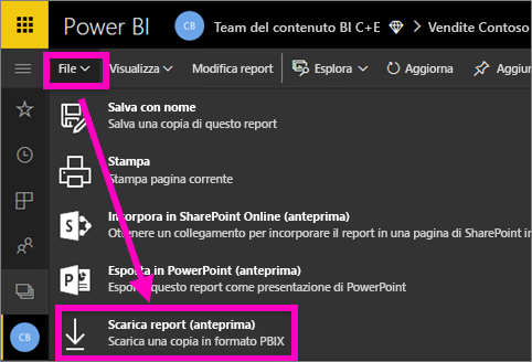 Screenshot del menu file nella servizio Power BI, con l'opzione 