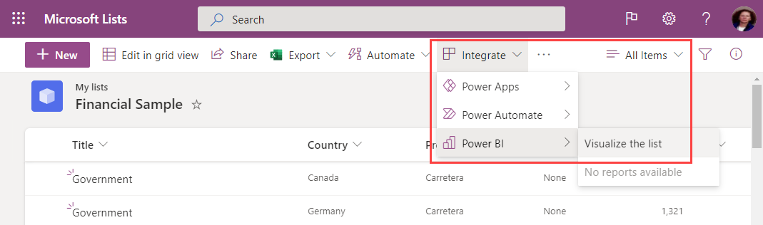 Screenshot di Selezionare Power BI, Visualizzare in Power BI.