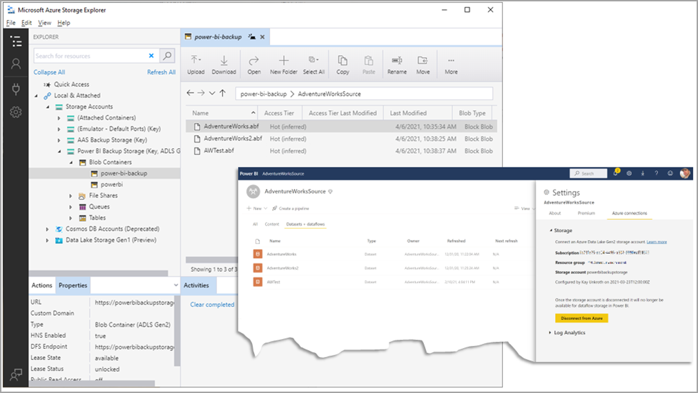 Screenshot di Archiviazione di Azure Explorer con un backup selezionato. Una parte della finestra di Power BI mostra la finestra di dialogo delle impostazioni.