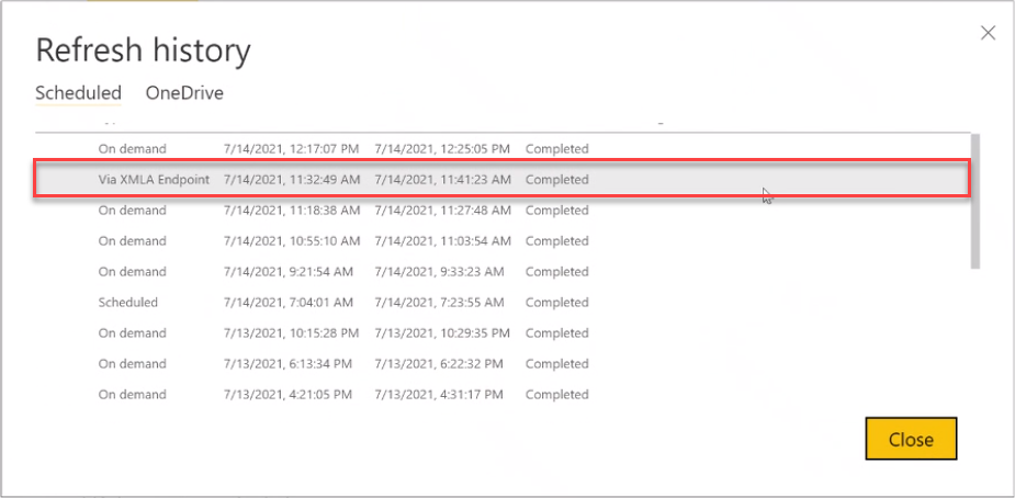 Screenshot che mostra la schermata della cronologia degli aggiornamenti. L'elemento, tramite l'endpoint XMLA, è evidenziato.