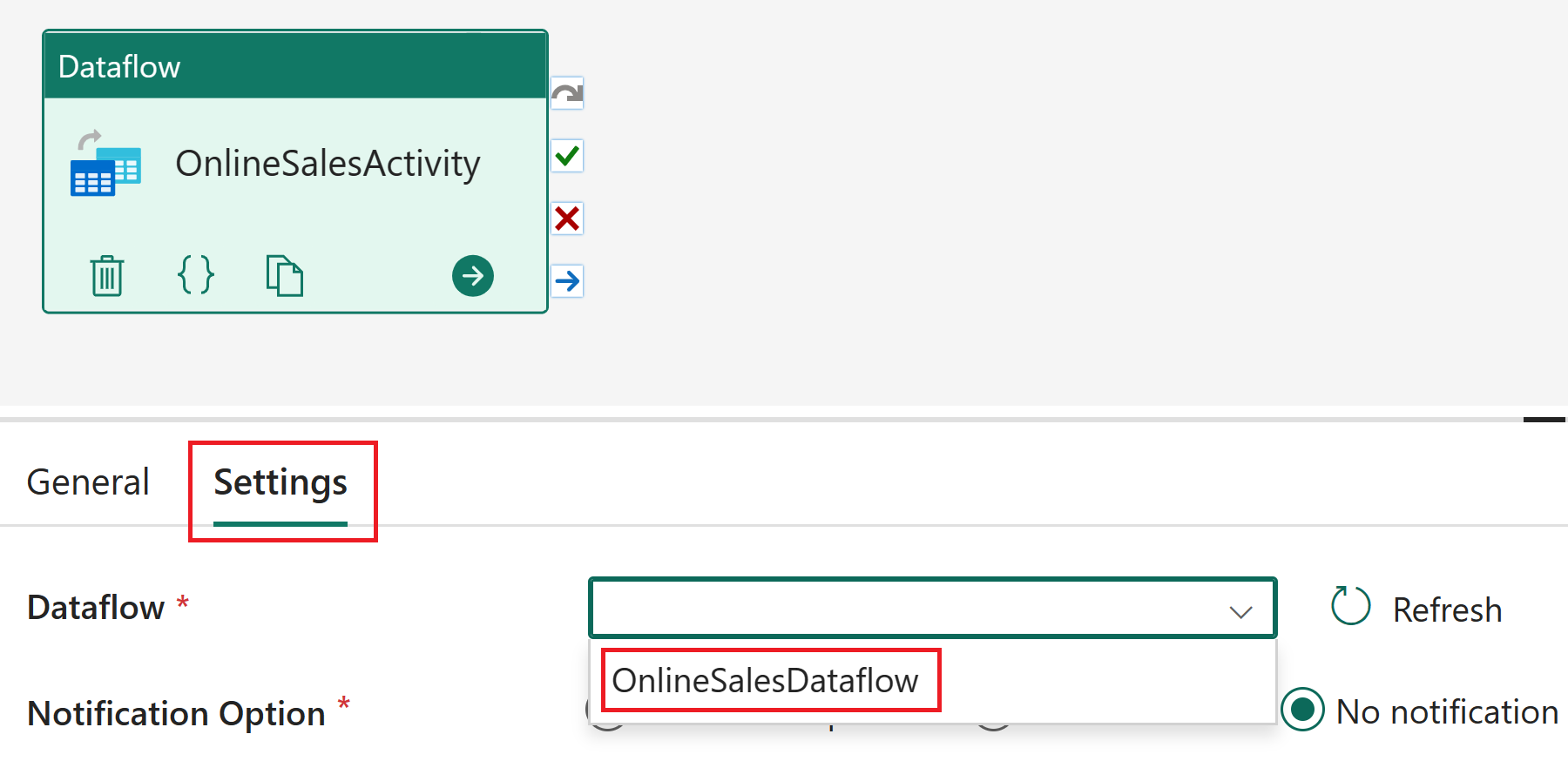 Screenshot of the dataflow selection setting.