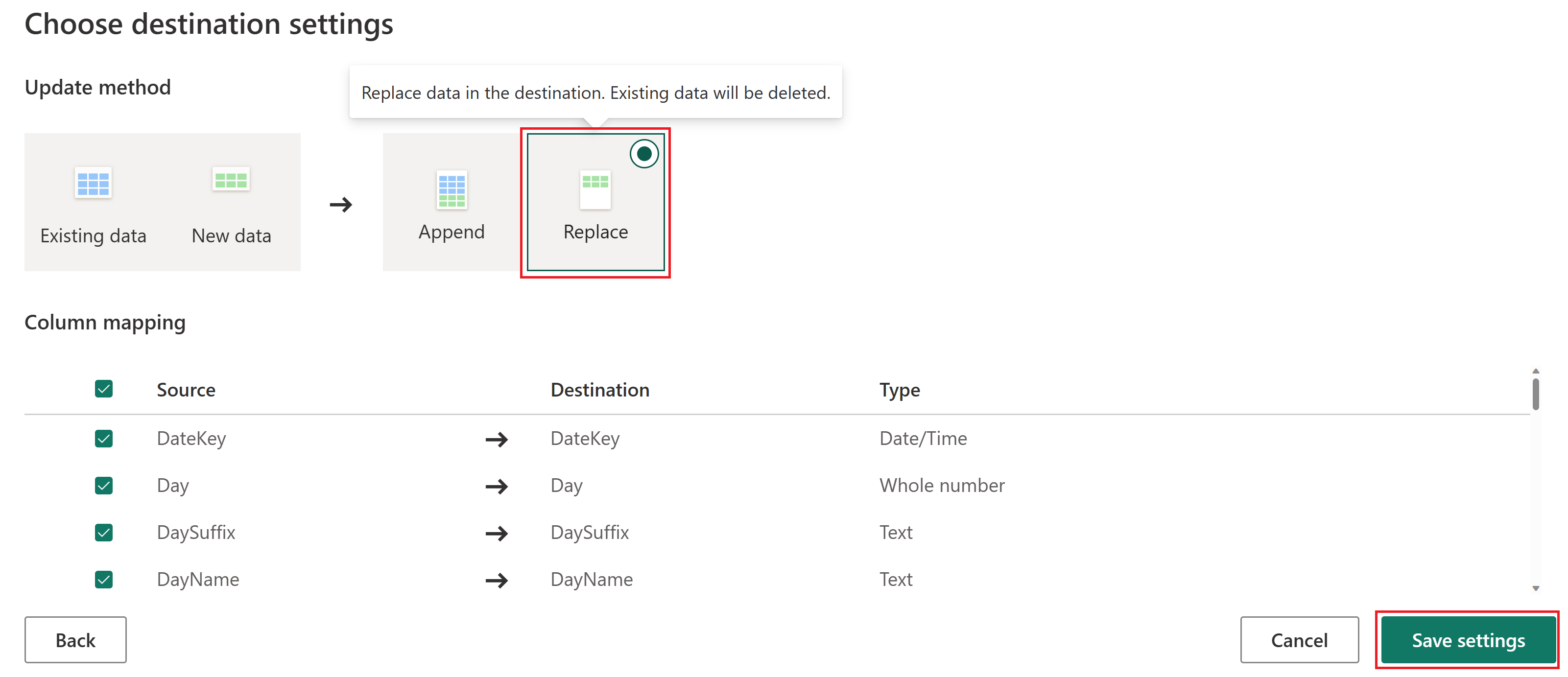 Screenshot of the destination settings menu option.