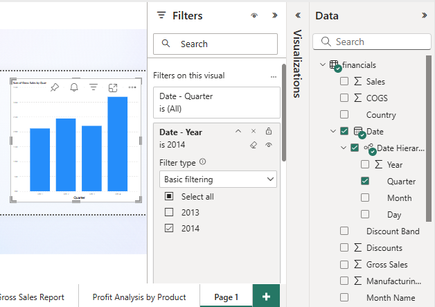 Screenshot che mostra una visualizzazione con istogramma per gli elementi dati selezionati.