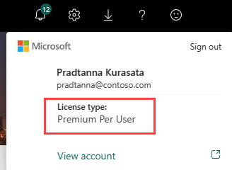 Screenshot dell'elenco a discesa Account che mostra il tipo di licenza