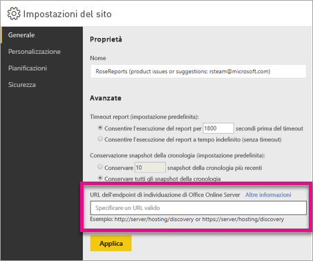 Screenshot delle impostazioni del sito per il server di report di Power BI.