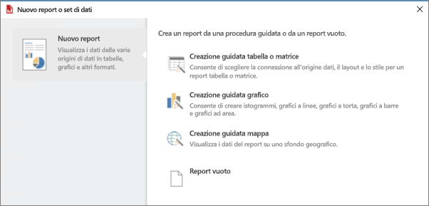 Schermata di Screenshot del nuovo report o set di dati.