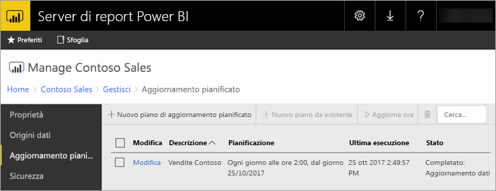 Screenshot dell'aggiornamento pianificato nel server di report di Power BI.