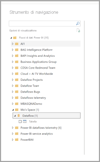 Screenshot dello strumento di navigazione in Power BI Desktop che sceglie i flussi di dati a cui connettersi.