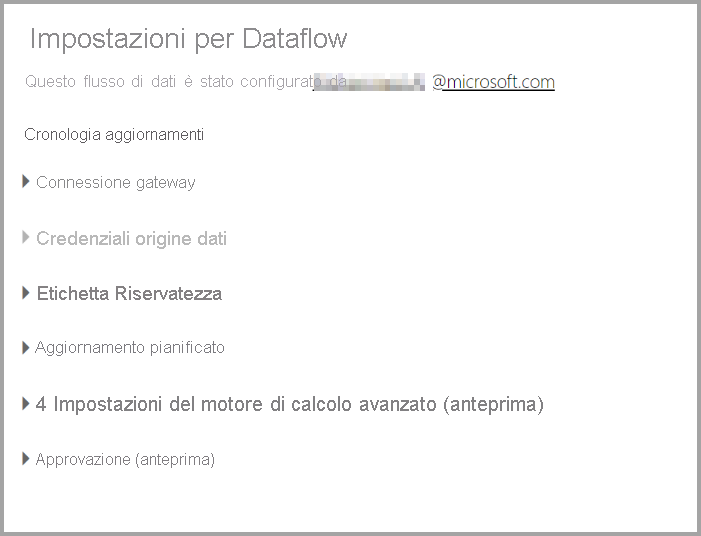 Screenshot della pagina Impostazioni per un flusso di dati dopo aver selezionato Impostazioni nell'elenco a discesa flusso di dati.