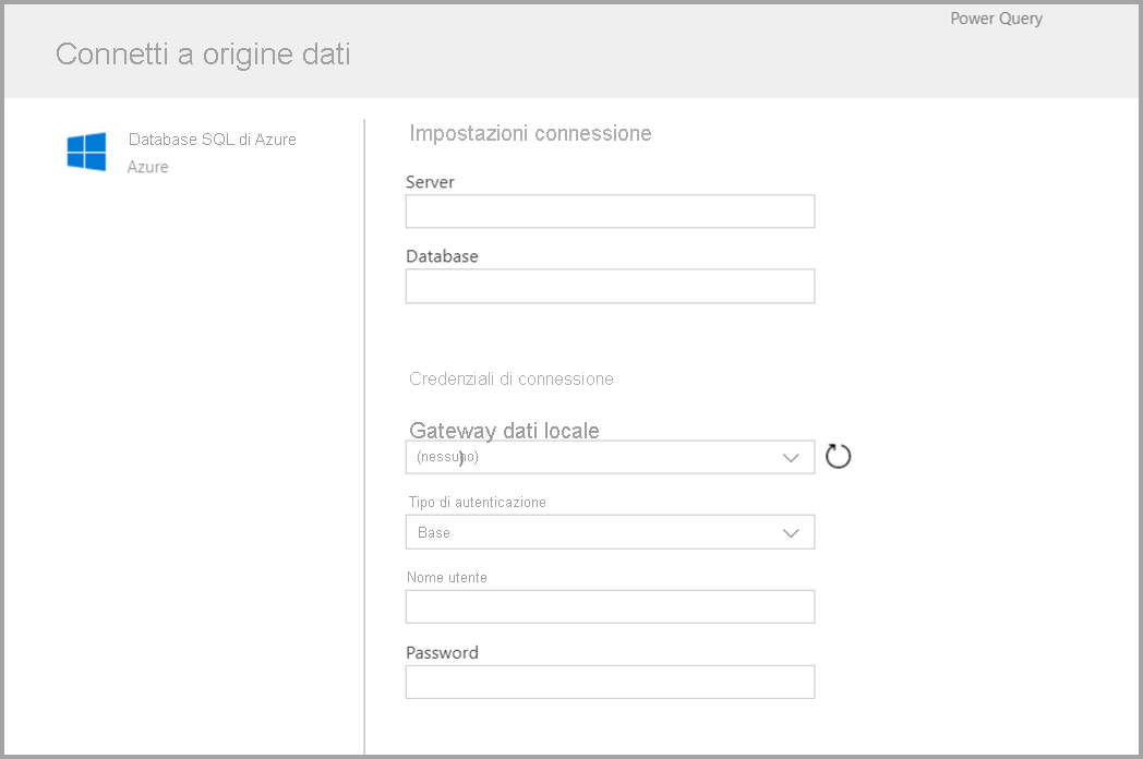 Screenshot of the form displayed after you choose Azure SQL as a connector.