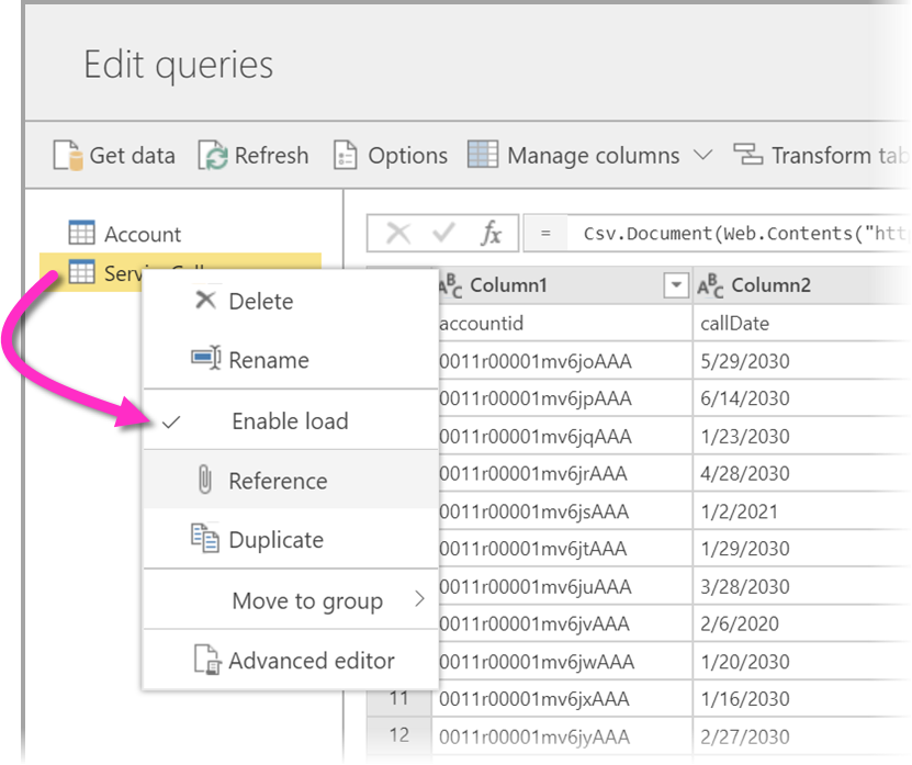 Screenshot of the context menu on a selected table with enable load highlighted.