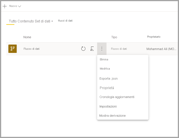 Screenshot of a selected dataflow with the more dropdown menu opened.