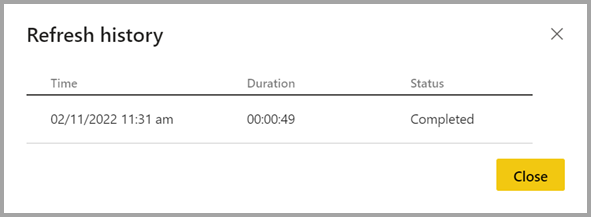 Screenshot della finestra della cronologia dell'aggiornamento di datamart.