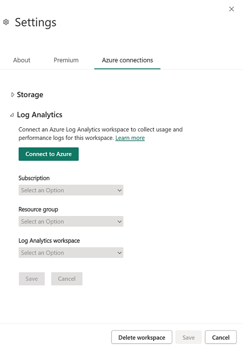 Screenshot della scheda Connessioni di Azure aperta nel riquadro delle impostazioni, Log Analytics viene espanso.